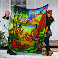 Hawaiian Couple Sing A Song On Beach Sunset Premium Blankets - AH - Polynesian Pride