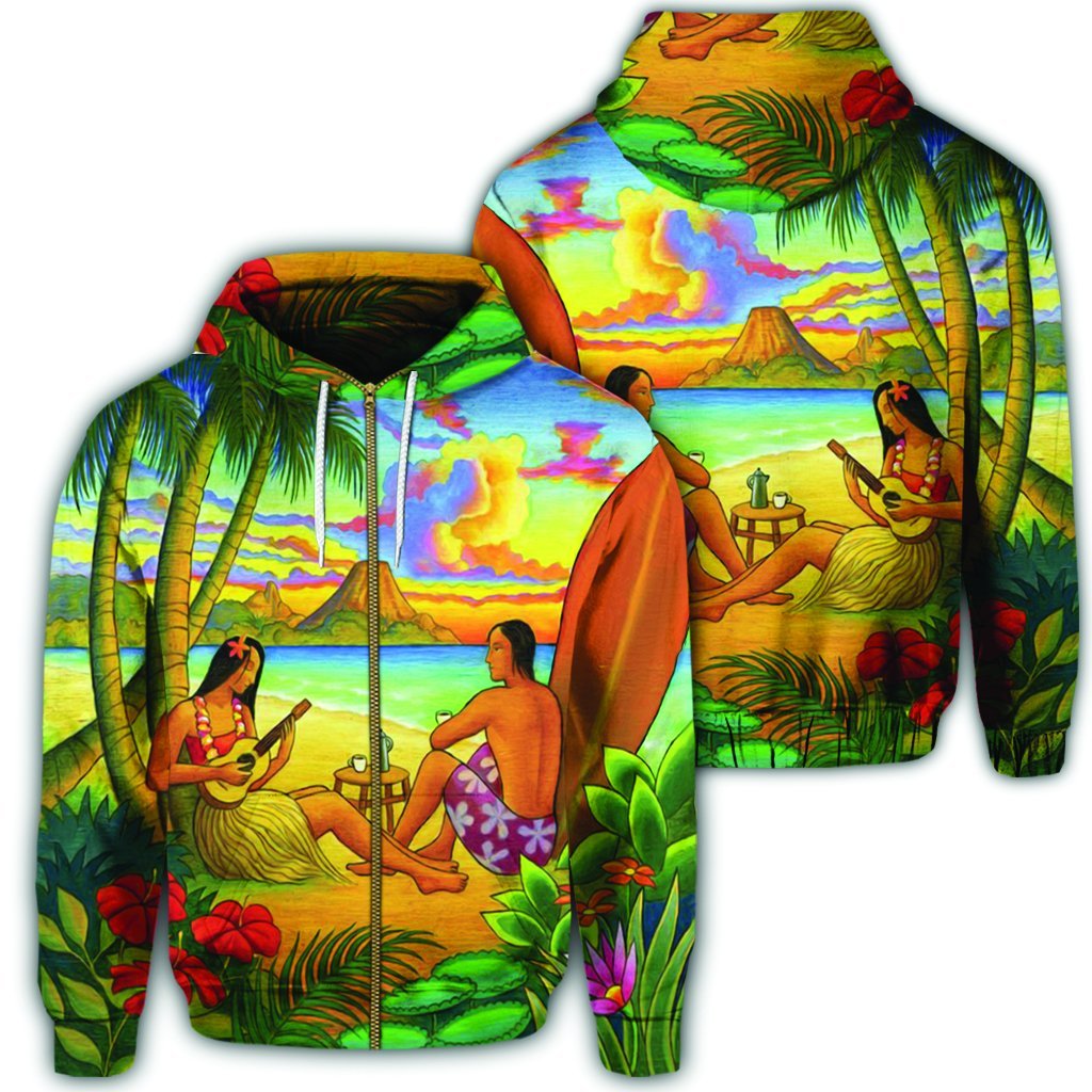 Hawaiian Couple Sing A Song On Beach Sunset Zip Hoodie Unisex Art - Polynesian Pride