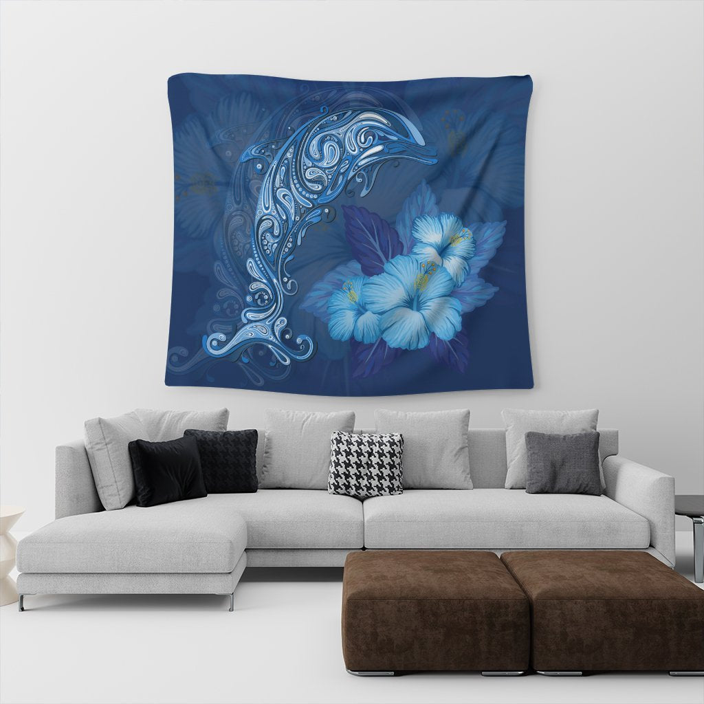 Hawaiian Dolphin Hibiscus Tropic Blue Polynesian Tapestry - AH - Polynesian Pride