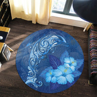 Hawaiian Dolphin Hibiscus Tropic Blue Polynesian Round Carpet - AH - Polynesian Pride