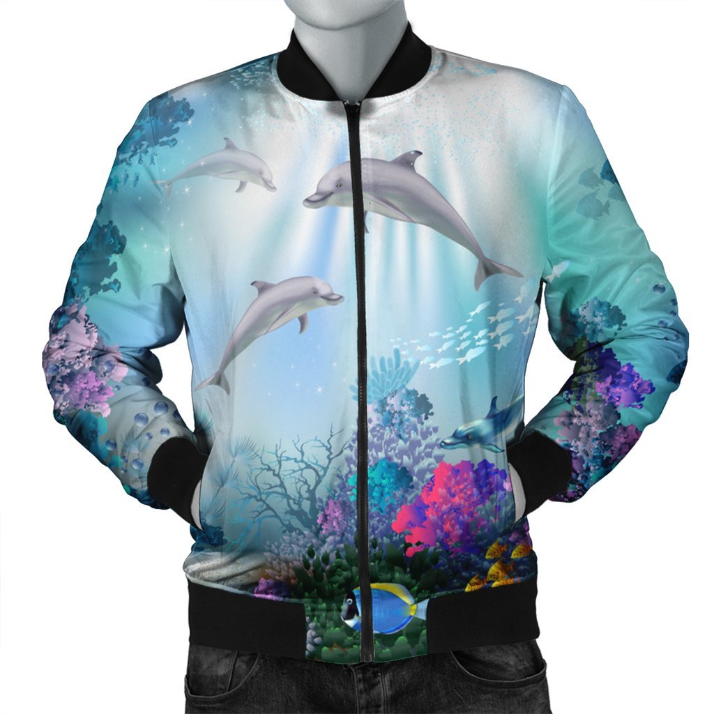 Hawaiian Dolphins Play The Ocean Polynesian Bomber Jacket - AH Black Unisex - Polynesian Pride