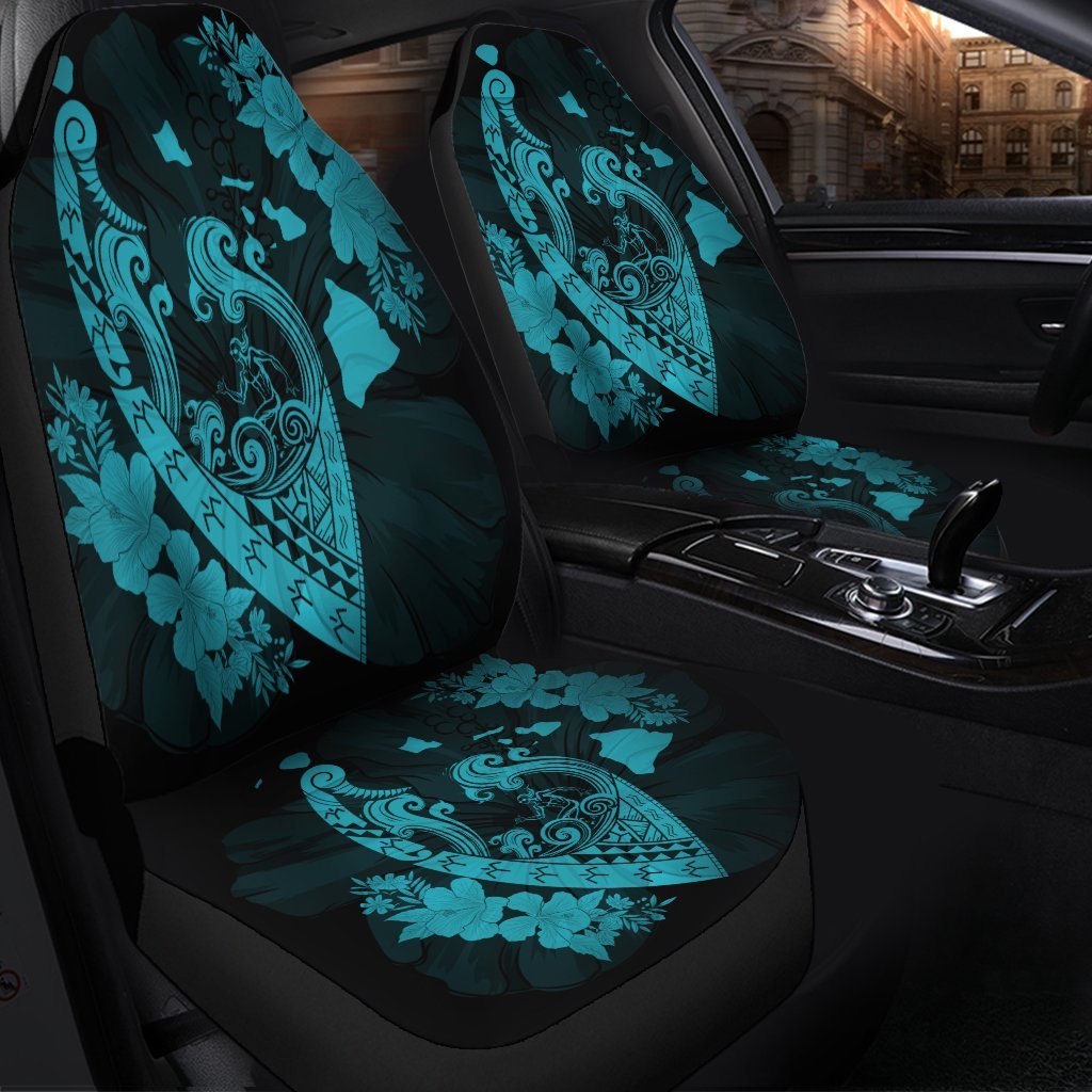 Hawaiian Fish Hook Hibiscus Banzai Surfing Polynesian Car Seat Covers Blue - AH - Polynesian Pride