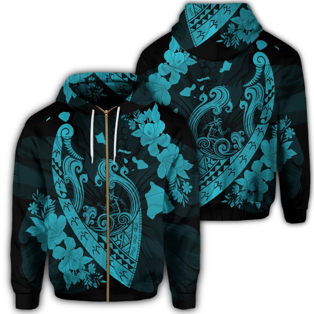 Hawaiian Fish Hook Hibiscus Banzai Surfing Polynesian Zip Hoodie Blue Unisex Art - Polynesian Pride