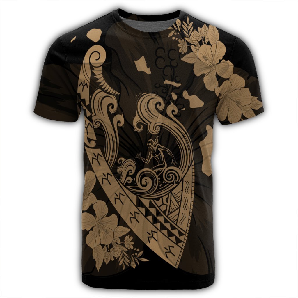 Hawaiian Fish Hook Hibiscus Banzai Surfing Polynesian T Shirt Gold - Polynesian Pride
