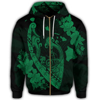 Hawaiian Fish Hook Hibiscus Banzai Surfing Polynesian Zip Hoodie Green - Polynesian Pride