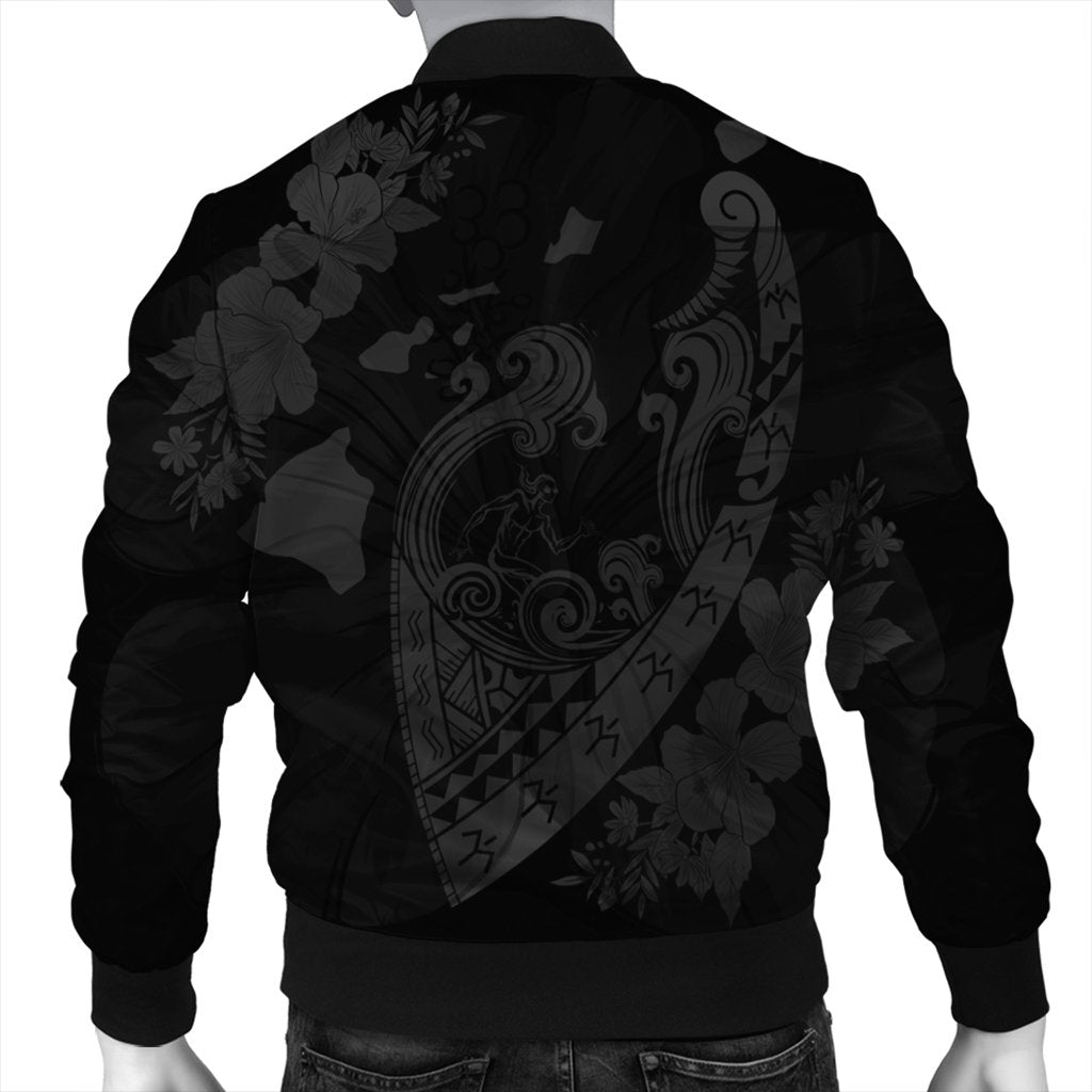 Hawaiian Fish Hook Hibiscus Banzai Surfing Polynesian Bomber Jacket Grey - AH - Polynesian Pride