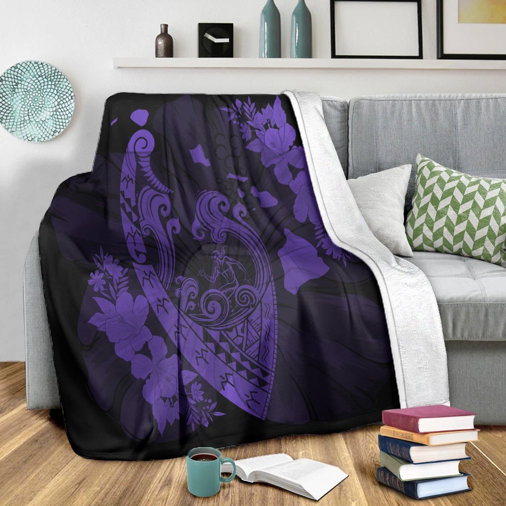 Hawaiian Fish Hook Hibiscus Banzai Surfing Polynesian Premium Blankets Purple - AH - Polynesian Pride