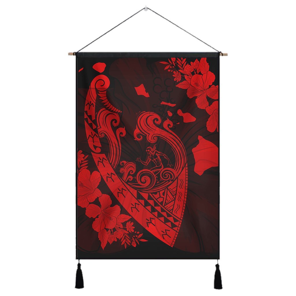 Hawaiian Fish Hook Hibiscus Banzai Surfing Polynesian Hanging Poster Red - AH Hanging Poster Cotton And Linen - Polynesian Pride