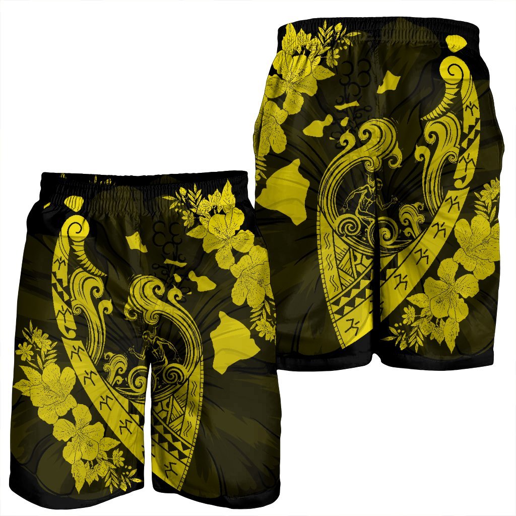 Hawaiian Fish Hook Hibiscus Banzai Surfing Polynesian Men's Shorts Yellow - AH - Polynesian Pride