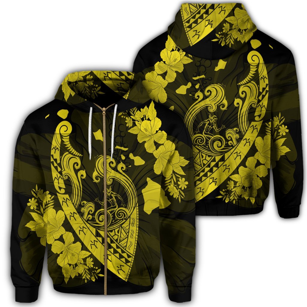 Hawaiian Fish Hook Hibiscus Banzai Surfing Polynesian Zip Hoodie Yellow Unisex Art - Polynesian Pride