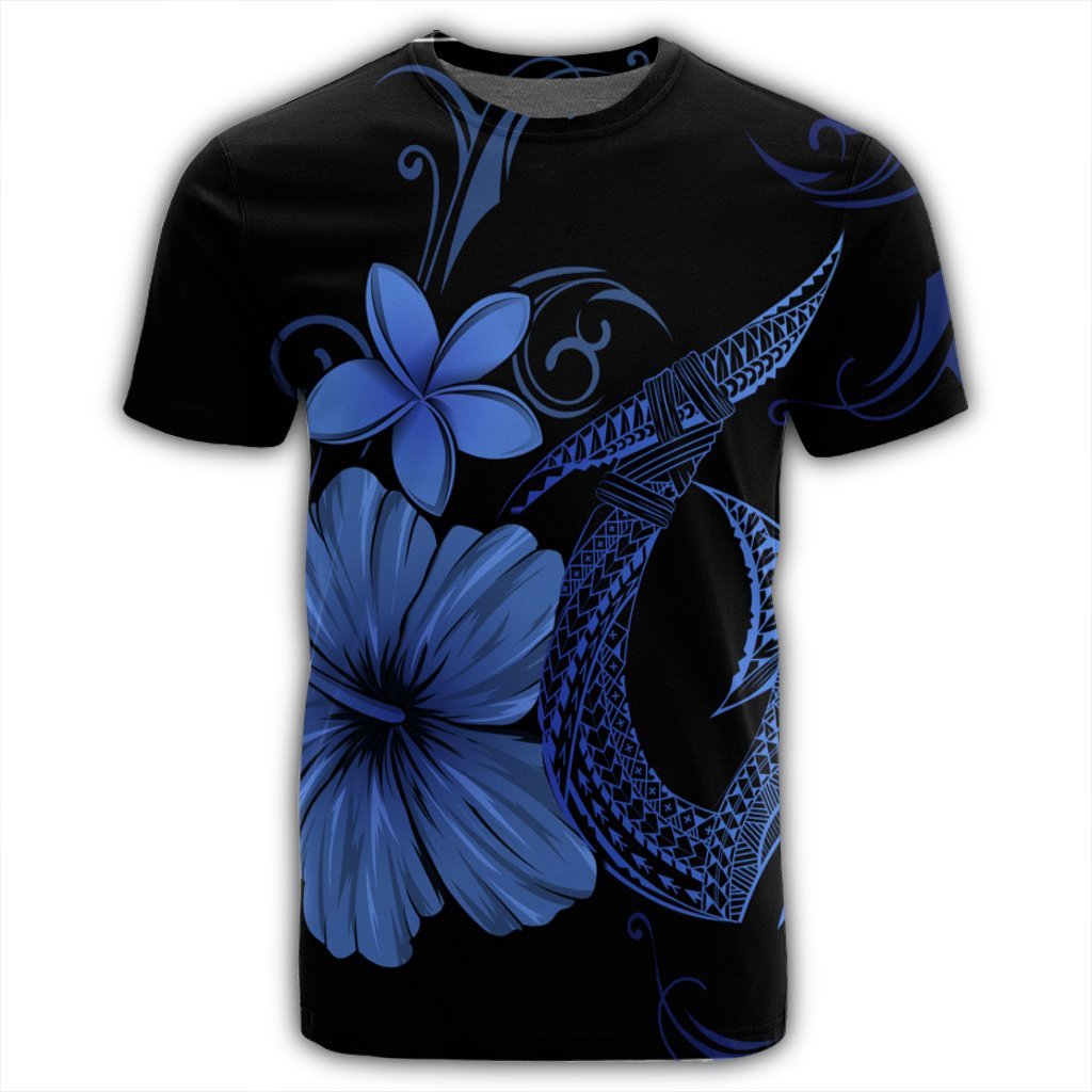 Hawaiian Fish Hook Hibiscus Plumeria Polynesian T Shirt Blue - Polynesian Pride