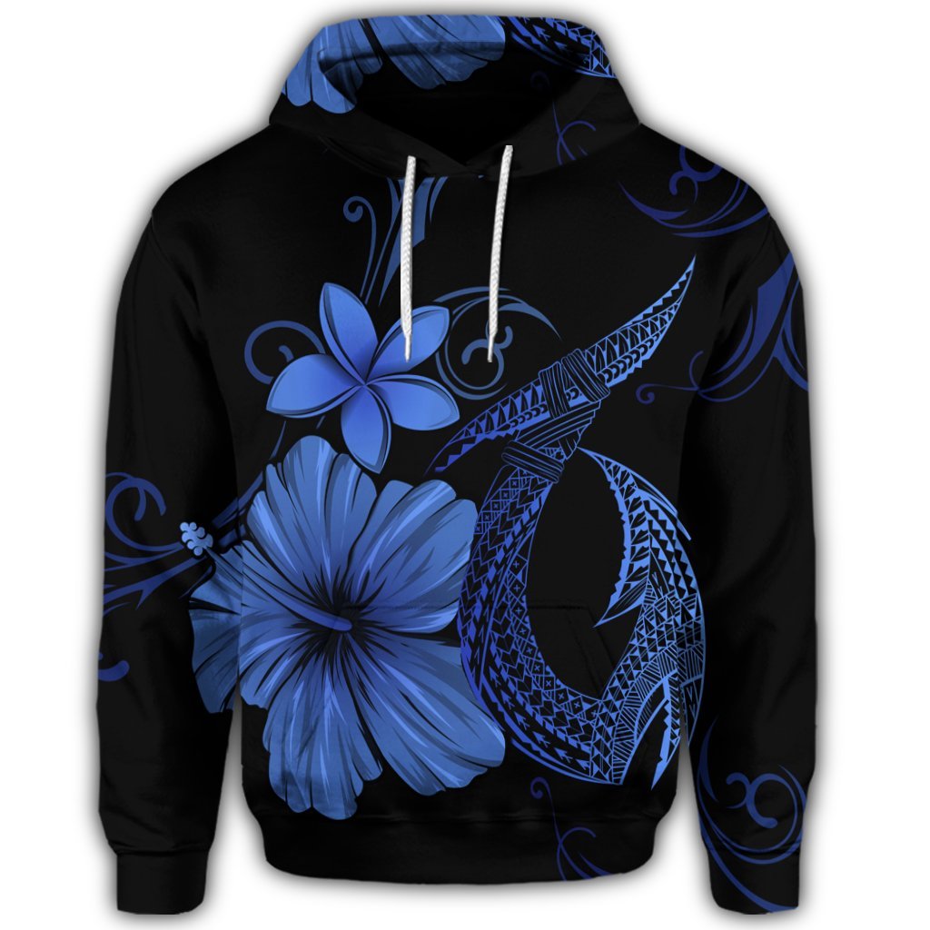 Hawaiian Fish Hook Hibiscus Plumeria Polynesian Hoodie Blue - Polynesian Pride