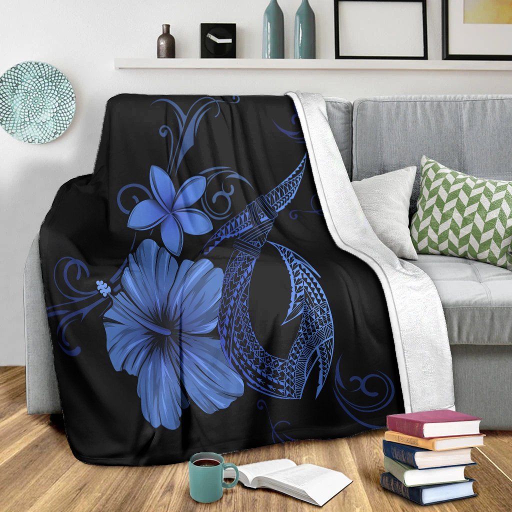 Hawaiian Fish Hook Hibiscus Plumeria Polynesian Premium Blankets - Blue - AH - Polynesian Pride