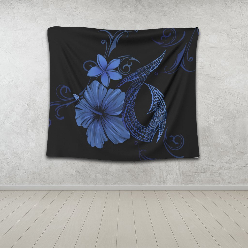 Hawaiian Fish Hook Hibiscus Plumeria Polynesian Tapestry - Blue - AH - Polynesian Pride
