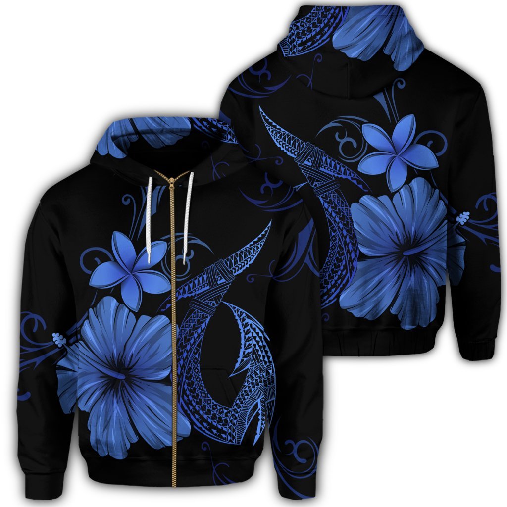 Hawaiian Fish Hook Hibiscus Plumeria Polynesian Zip Hoodie Blue Unisex Art - Polynesian Pride