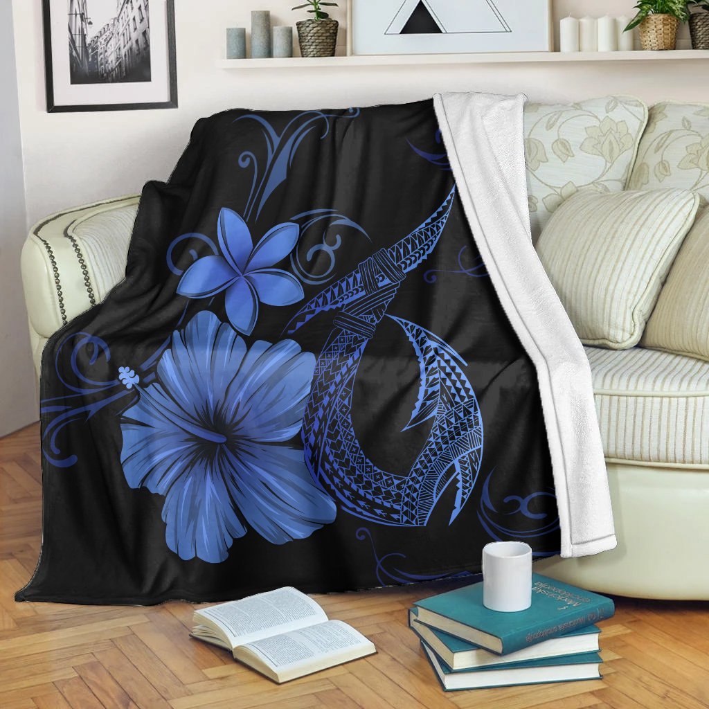 Hawaiian Fish Hook Hibiscus Plumeria Polynesian Premium Blankets - Blue - AH White - Polynesian Pride