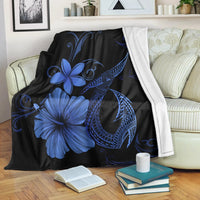 Hawaiian Fish Hook Hibiscus Plumeria Polynesian Premium Blankets - Blue - AH White - Polynesian Pride