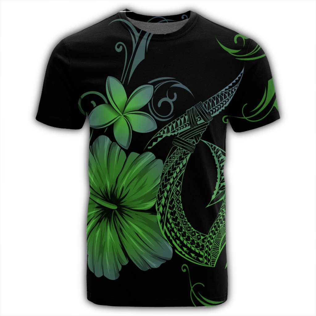 Hawaiian Fish Hook Hibiscus Plumeria Polynesian T Shirt Green - Polynesian Pride