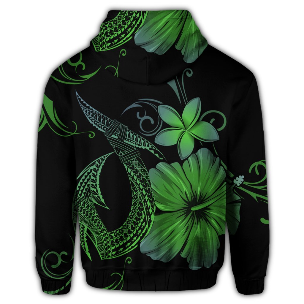 Hawaiian Fish Hook Hibiscus Plumeria Polynesian Zip Hoodie Green - Polynesian Pride