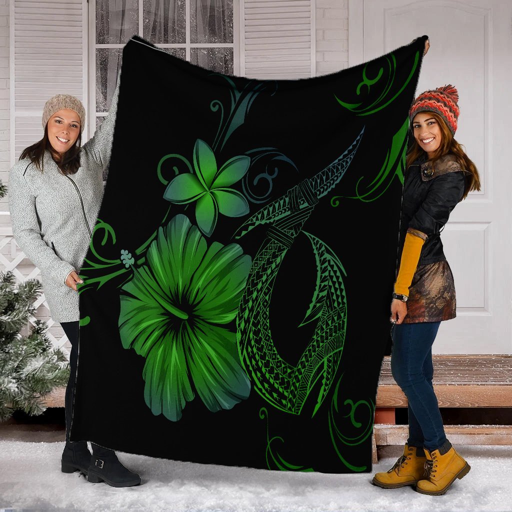 Hawaiian Fish Hook Hibiscus Plumeria Polynesian Premium Blankets - Green - AH - Polynesian Pride