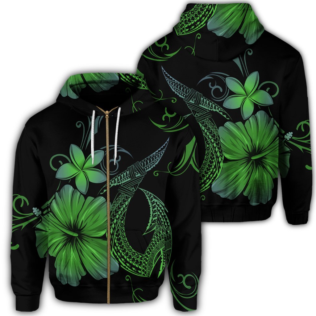 Hawaiian Fish Hook Hibiscus Plumeria Polynesian Zip Hoodie Green Unisex Art - Polynesian Pride