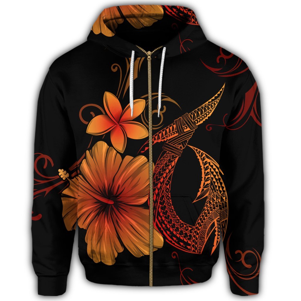 Hawaiian Fish Hook Hibiscus Plumeria Polynesian Zip Hoodie Orange - Polynesian Pride