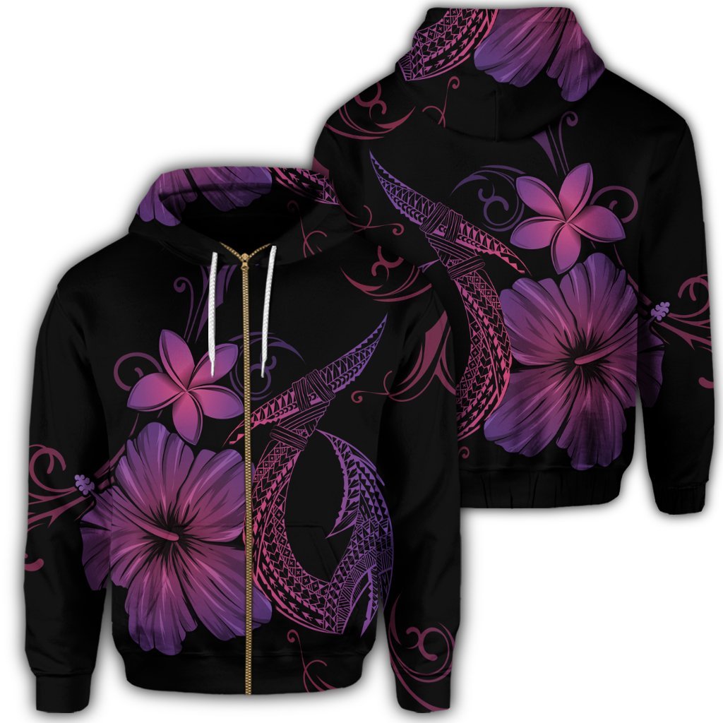 Hawaiian Fish Hook Hibiscus Plumeria Polynesian Zip Hoodie Pink Unisex Art - Polynesian Pride
