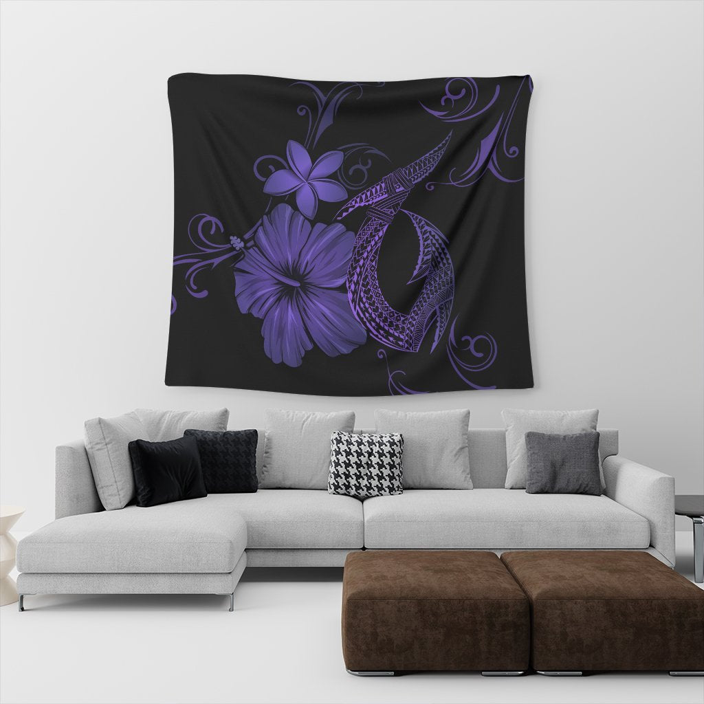 Hawaiian Fish Hook Hibiscus Plumeria Polynesian Tapestry - Purple - AH - Polynesian Pride