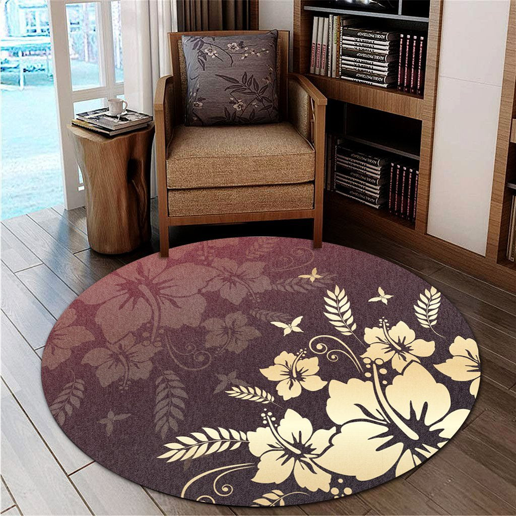 Hawaiian Golden Hibiscus Butterfly Polynesian Round Carpet - AH - Polynesian Pride