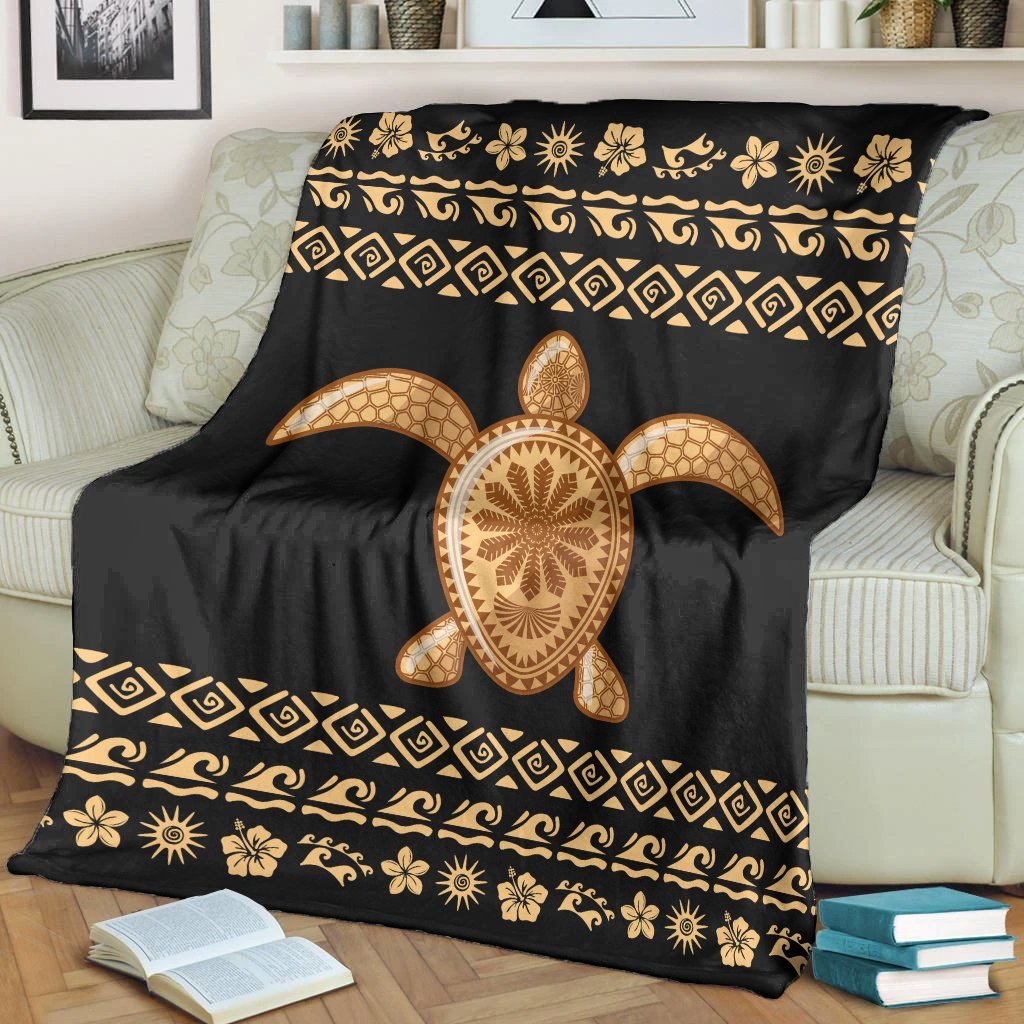 Hawaiian Golden Turtle Hibiscus Plumeria Polynesian Premium Blankets - AH - Polynesian Pride