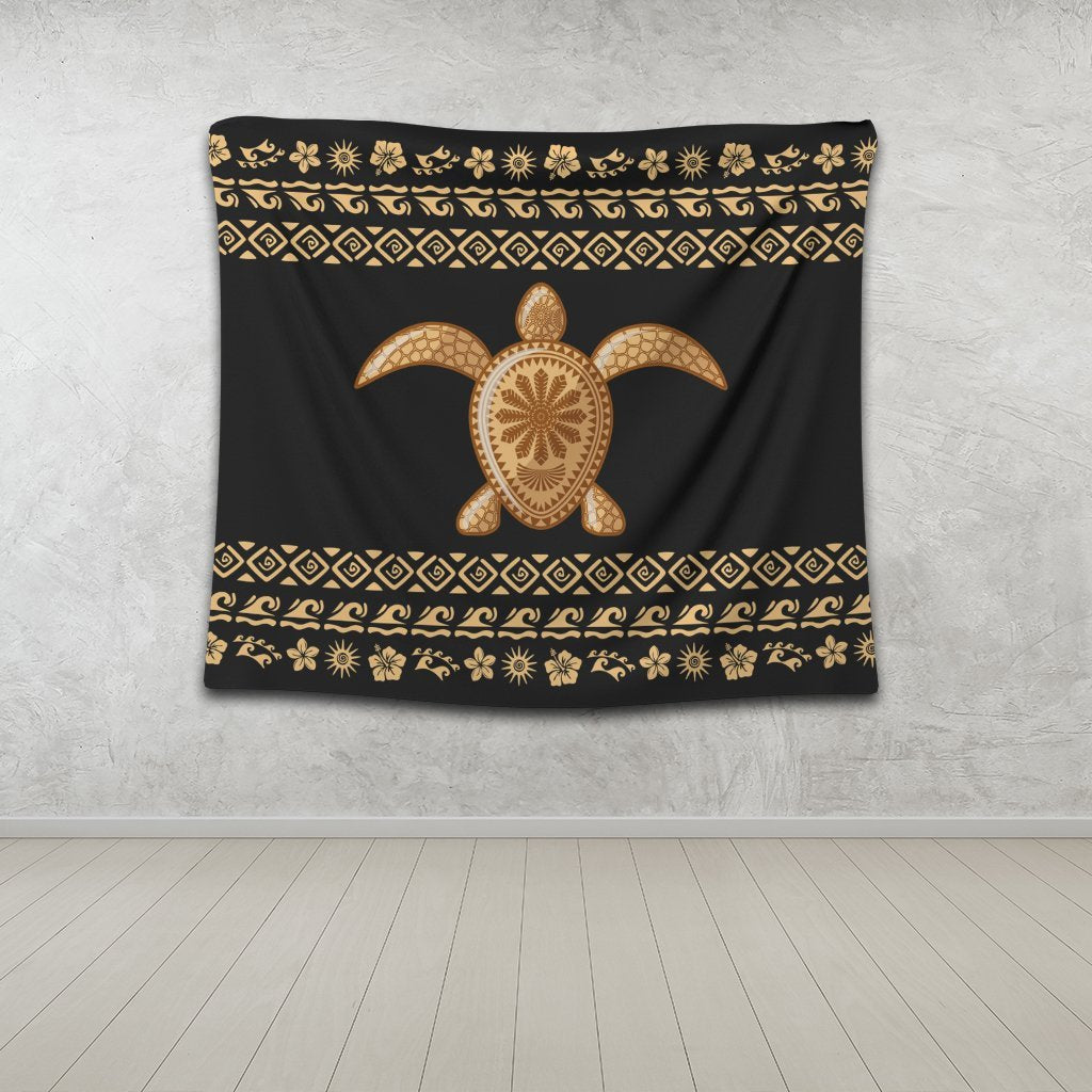 Hawaiian Golden Turtle Hibiscus Plumeria Polynesian Tapestry - AH - Polynesian Pride