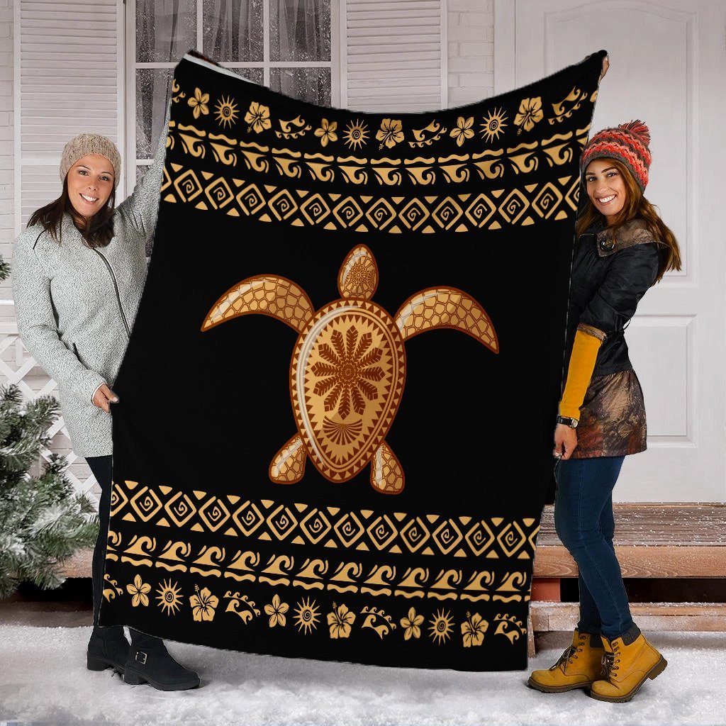Hawaiian Golden Turtle Hibiscus Plumeria Polynesian Premium Blankets - AH - Polynesian Pride