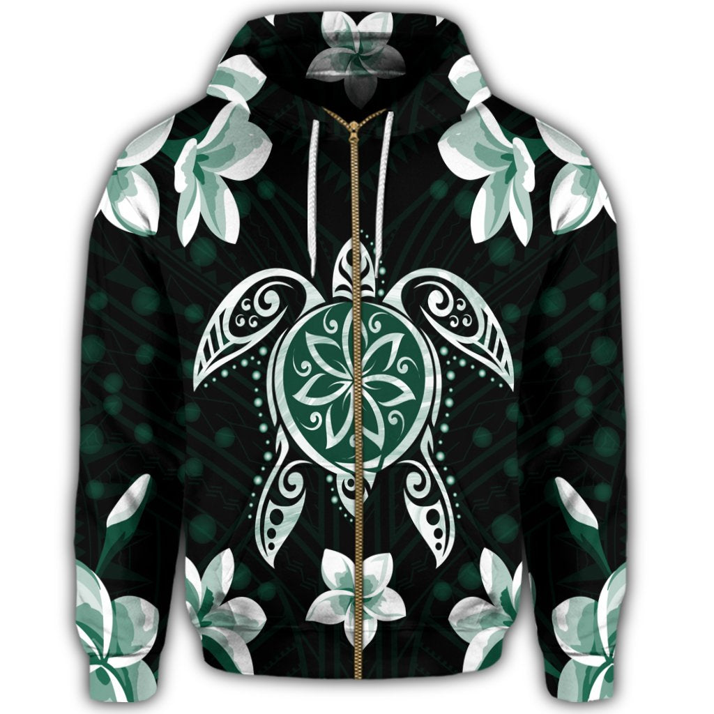 Hawaiian Greenie Turtle Plumeria Zip Hoodie - Polynesian Pride