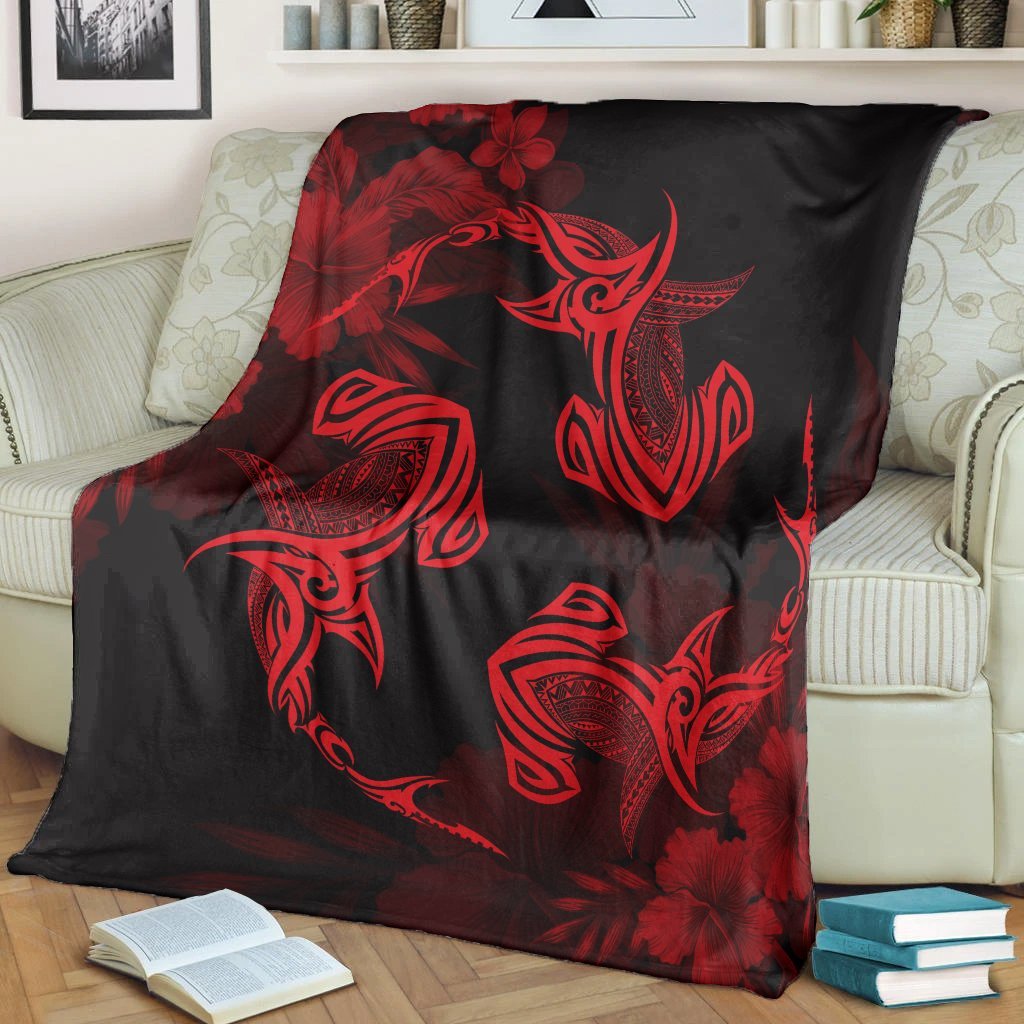 Hawaiian Hammerhead Shark Hibiscus Red Polynesian Premium Blankets - AH - Polynesian Pride