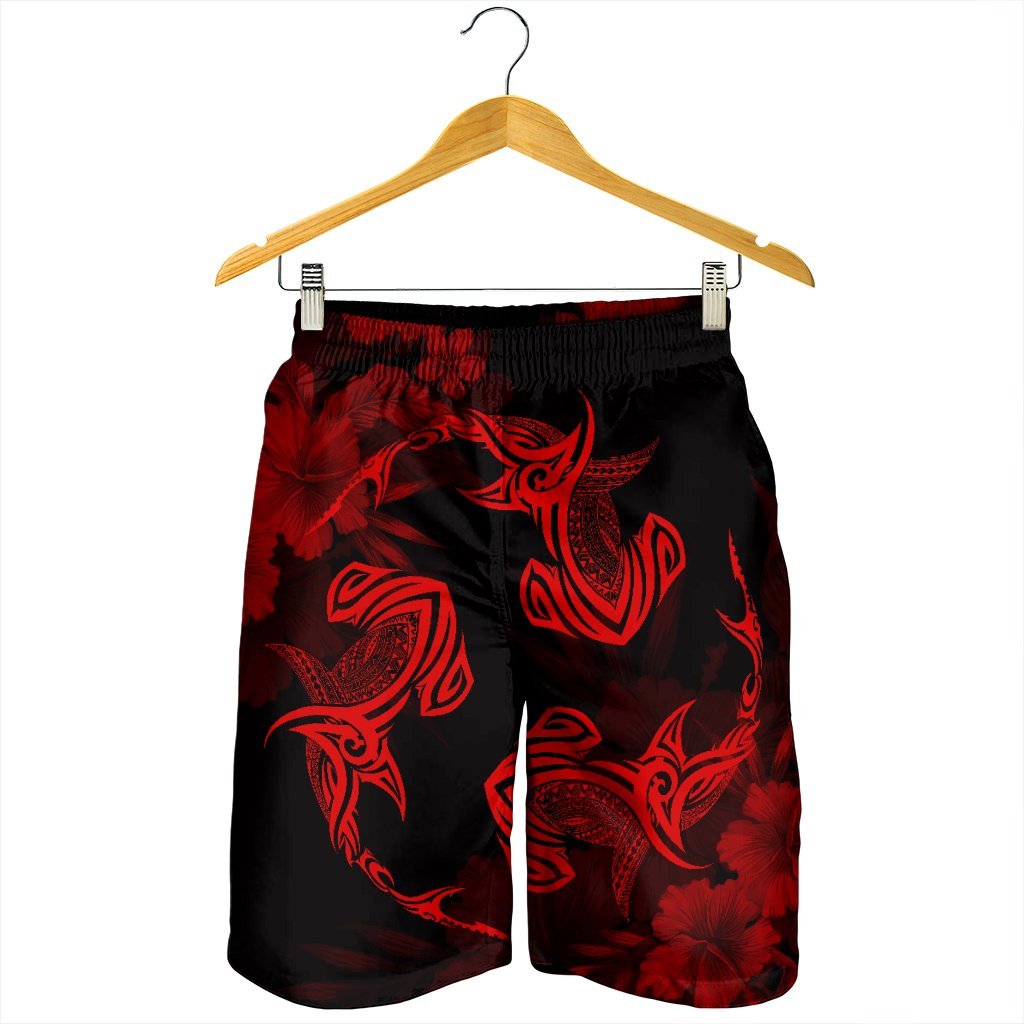 Hawaiian Hammerhead Shark Hibiscus Red Polynesian Men's Shorts - AH - Polynesian Pride