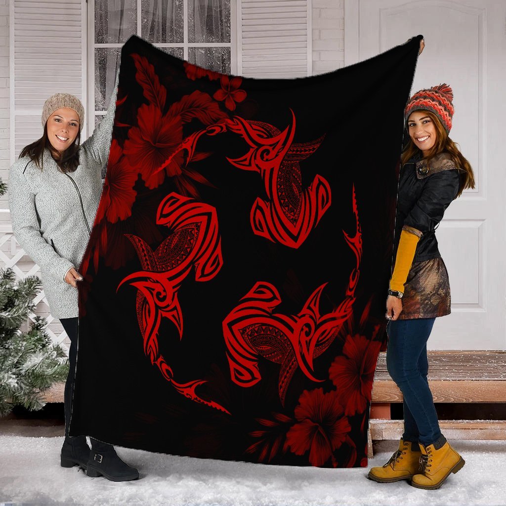 Hawaiian Hammerhead Shark Hibiscus Red Polynesian Premium Blankets - AH - Polynesian Pride