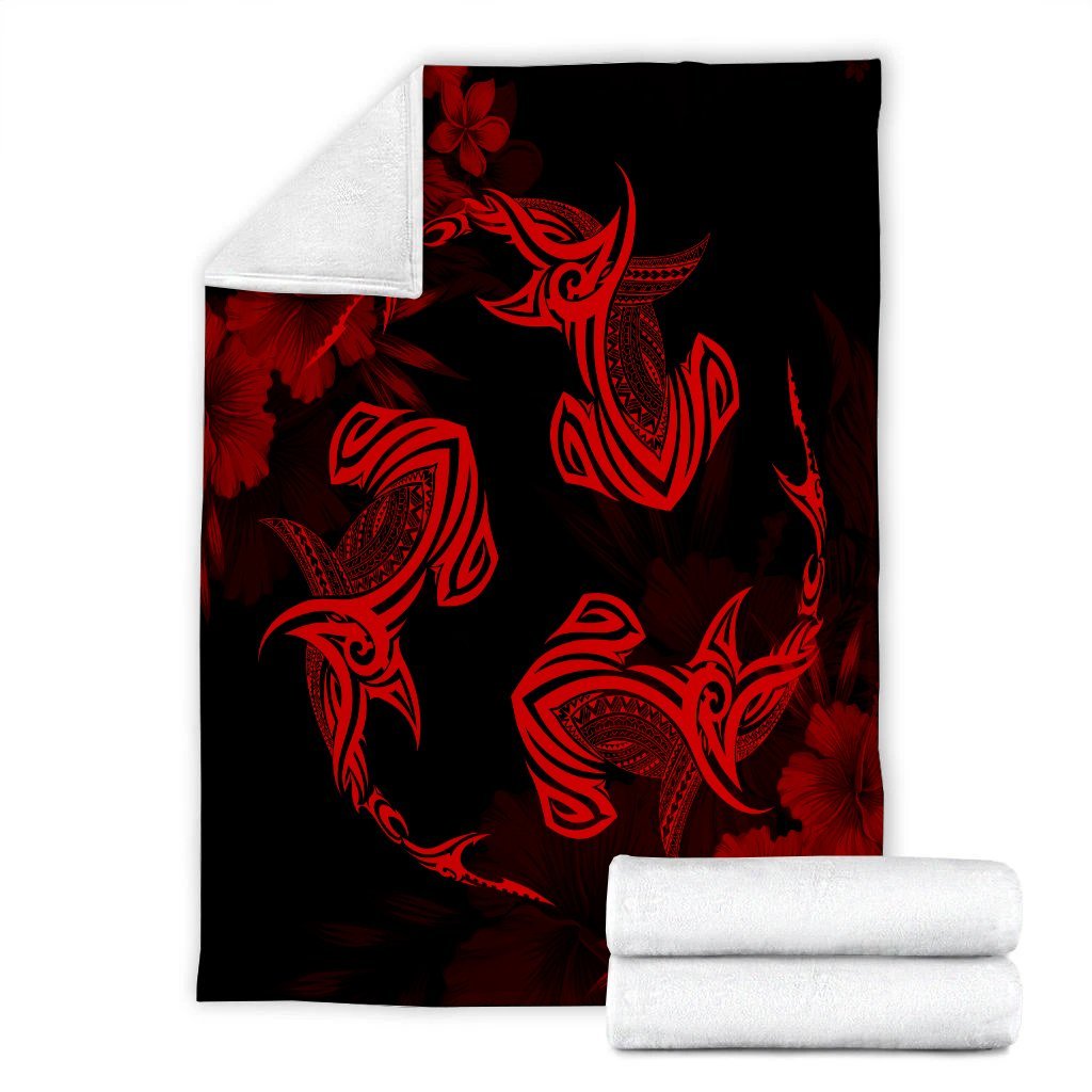 Hawaiian Hammerhead Shark Hibiscus Red Polynesian Premium Blankets - AH - Polynesian Pride