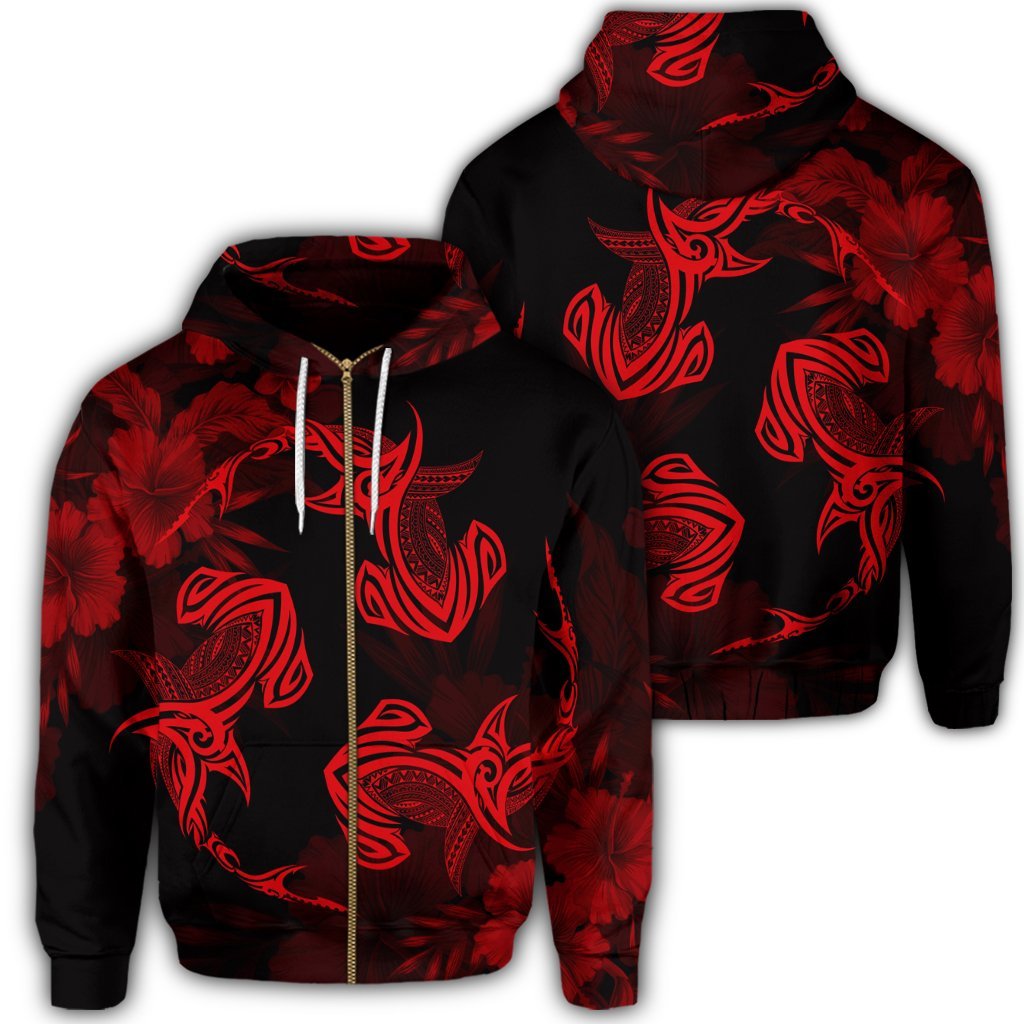 Hawaiian Hammerhead Shark Hibiscus Red Polynesian Zip Hoodie Unisex Art - Polynesian Pride
