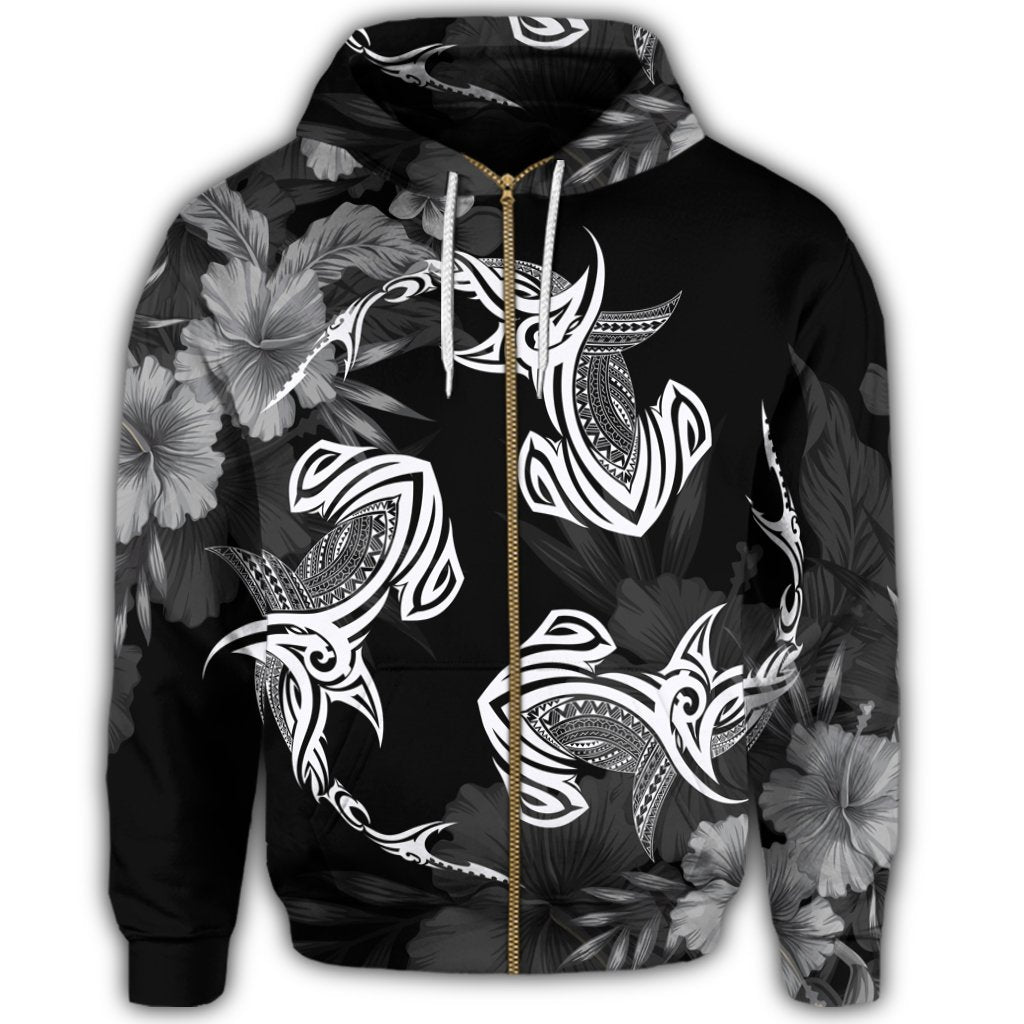 Hawaiian Hammerhead Shark Hibiscus White Polynesian Zip Hoodie - Polynesian Pride