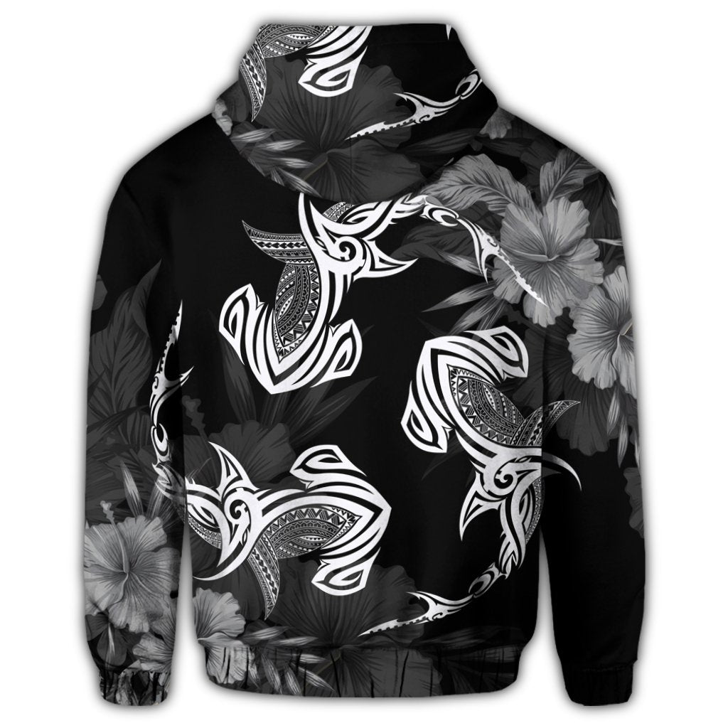Hawaiian Hammerhead Shark Hibiscus White Polynesian Zip Hoodie - Polynesian Pride