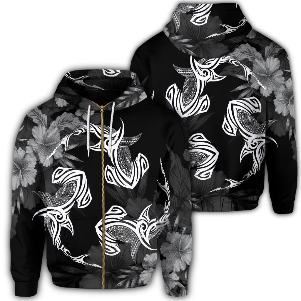 Hawaiian Hammerhead Shark Hibiscus White Polynesian Zip Hoodie Unisex Art - Polynesian Pride