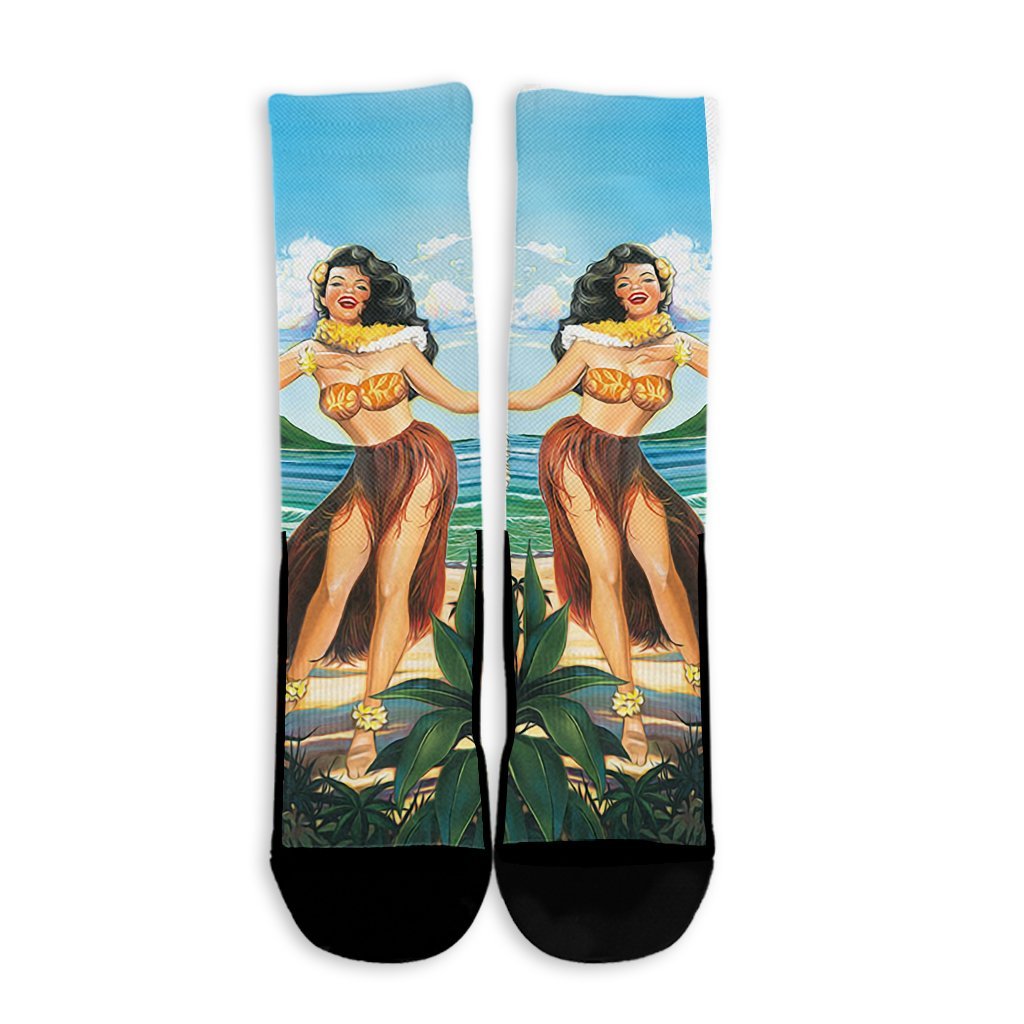 Hawaiian Hibiscus Aloha Hula Girl Dance On The Beach Crew Socks - AH - Polynesian Pride