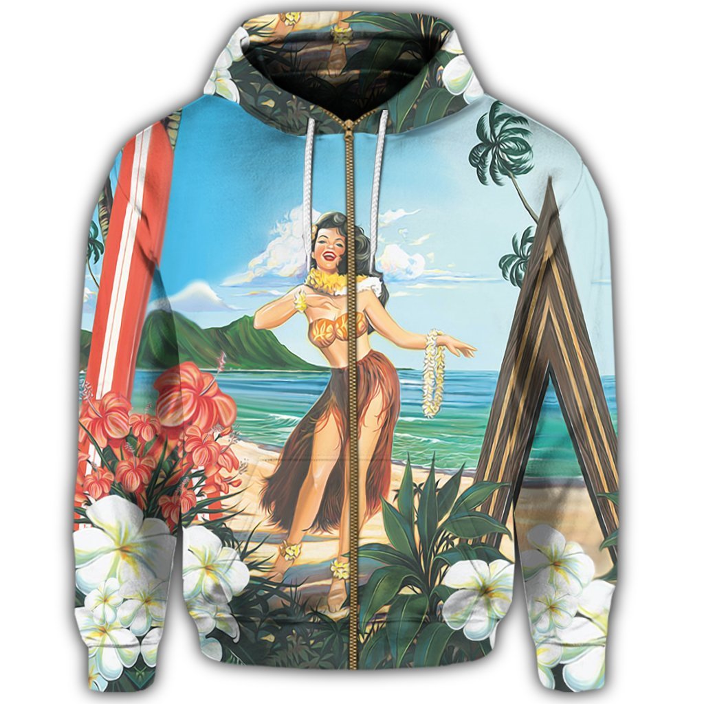 Hawaiian Hibiscus Aloha Hula Girl Dance On The Beach Zip Hoodie - Polynesian Pride