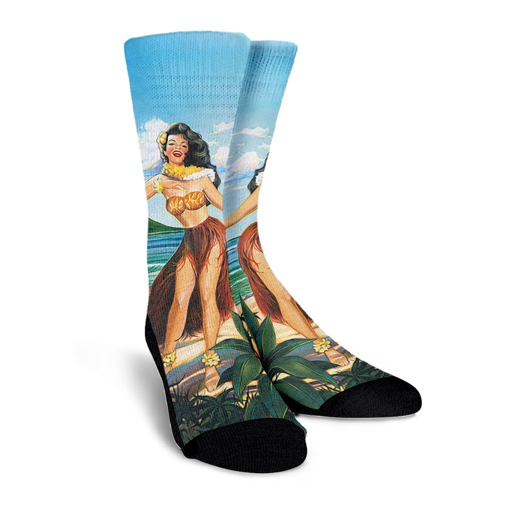 Hawaiian Hibiscus Aloha Hula Girl Dance On The Beach Crew Socks - AH - Polynesian Pride
