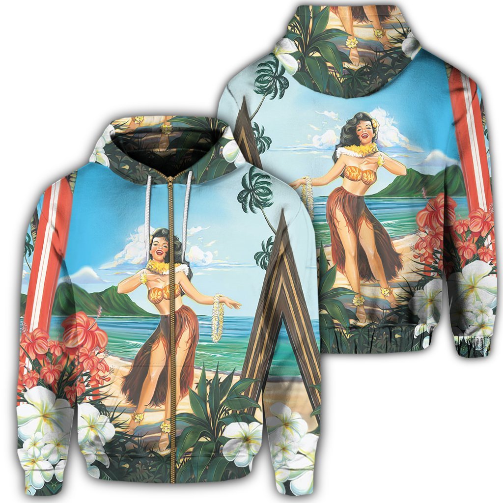 Hawaiian Hibiscus Aloha Hula Girl Dance On The Beach Zip Hoodie Unisex Art - Polynesian Pride