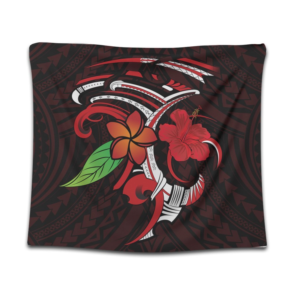 Hawaiian Hibiscus And Plumeria Flower Polynesian Tapestry - AH Wall Tapestry Black - Polynesian Pride