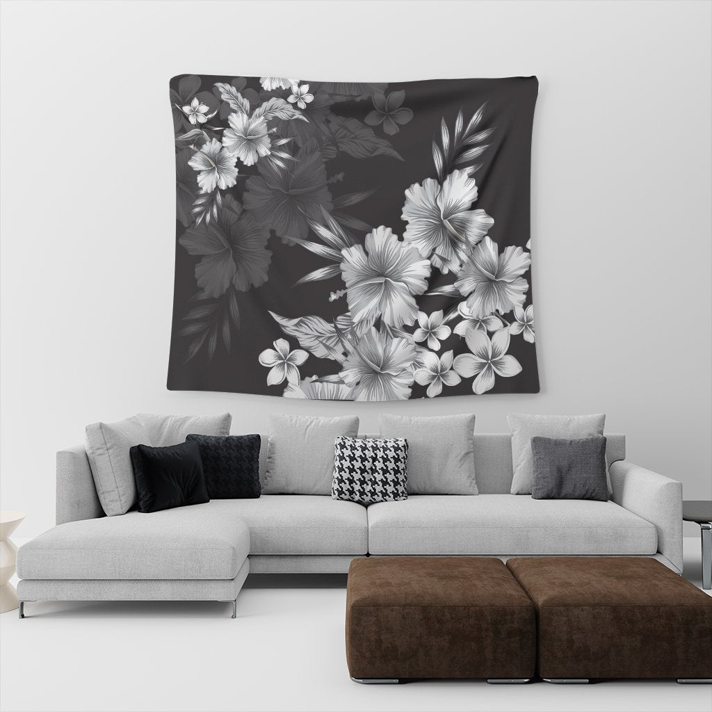 Hawaiian Hibiscus Black And White Polynesian Tapestry - AH - Polynesian Pride