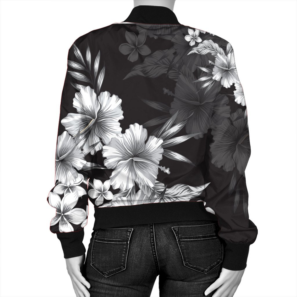Hawaiian Hibiscus Black And White Polynesian Bomber Jacket - AH - Polynesian Pride