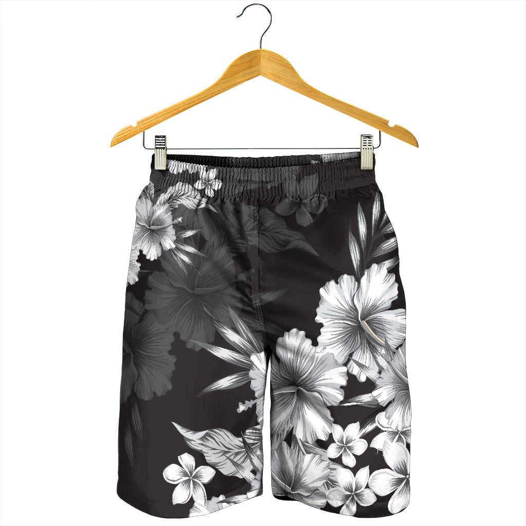 Hawaiian Hibiscus Black And White Polynesian Men's Shorts - AH - Polynesian Pride