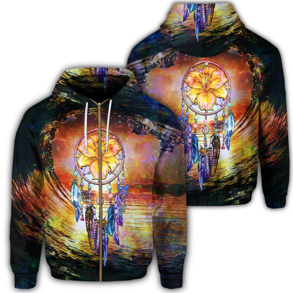 Hawaiian Hibiscus Dreamcatcher Wales Night Zip Hoodie Unisex Art - Polynesian Pride